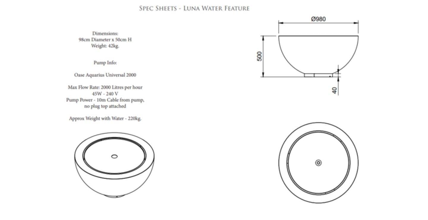 Luna Water Feature Spec Sheet